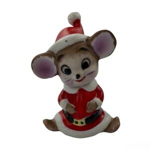 Vintage Christmas Mouse Figurine Santa Suit Red Cute Holiday Ceramic 1980s Style